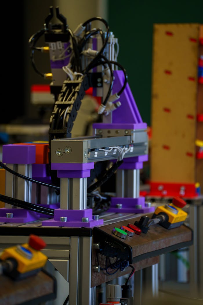 Close-up of a robotic arm in a workshop, showcasing intricate machinery.
