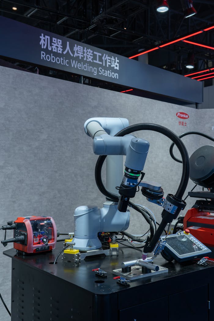 Advanced robotic welding station showcasing modern automation technology in an industrial setting.